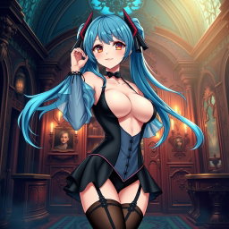 An alluring illustration of Miku, prominently featuring her large bust in a revealing Miku-styled gothic outfit that shows skin
