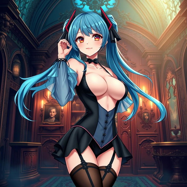 An alluring illustration of Miku, prominently featuring her large bust in a revealing Miku-styled gothic outfit that shows skin