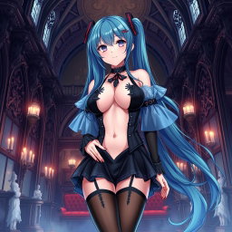 An alluring illustration of Miku, prominently featuring her large bust in a revealing Miku-styled gothic outfit that shows skin