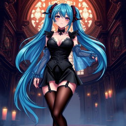 An alluring illustration of Miku, prominently featuring her large bust in a revealing Miku-styled gothic outfit that shows skin