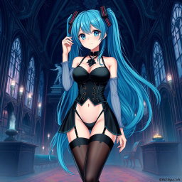 An alluring illustration of Miku, prominently featuring her large bust in a revealing Miku-styled gothic outfit that shows skin