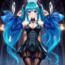 A stunning illustration of Miku, emphasizing her large bust in a revealing Miku-styled gothic outfit that tastefully showcases skin