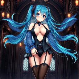 A stunning illustration of Miku, emphasizing her large bust in a revealing Miku-styled gothic outfit that tastefully showcases skin