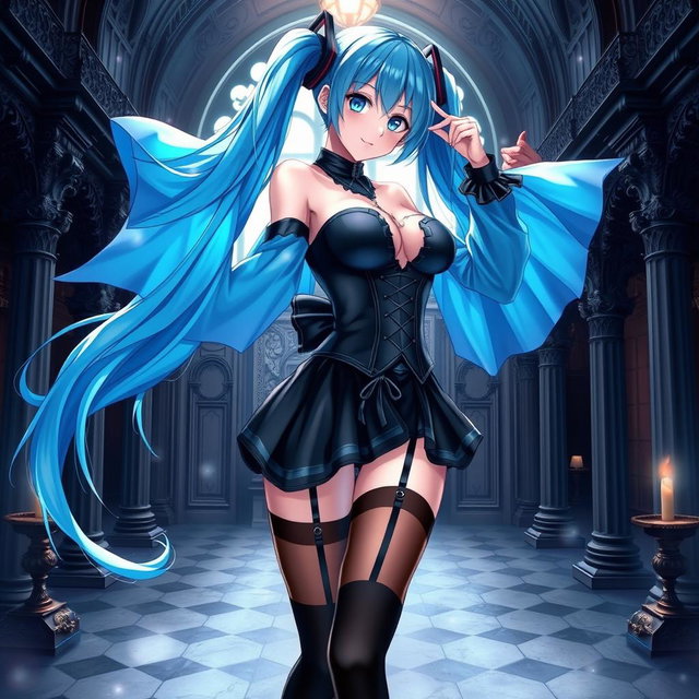 A stunning illustration of Miku, emphasizing her large bust in a revealing Miku-styled gothic outfit that tastefully showcases skin
