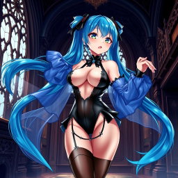 A stunning illustration of Miku, emphasizing her large bust in a revealing Miku-styled gothic outfit that tastefully showcases skin