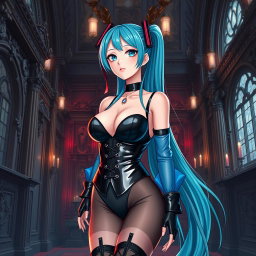 An eye-catching depiction of Miku, featuring her large bust in a revealing latex Miku-styled gothic outfit that tastefully shows skin