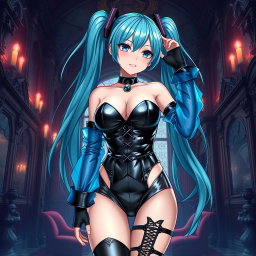 An eye-catching depiction of Miku, featuring her large bust in a revealing latex Miku-styled gothic outfit that tastefully shows skin