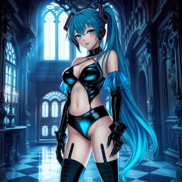 An eye-catching depiction of Miku, featuring her large bust in a revealing latex Miku-styled gothic outfit that tastefully shows skin