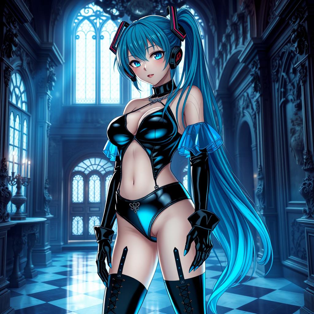 An eye-catching depiction of Miku, featuring her large bust in a revealing latex Miku-styled gothic outfit that tastefully shows skin