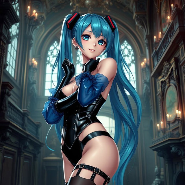 An eye-catching depiction of Miku, featuring her large bust in a revealing latex Miku-styled gothic outfit that tastefully shows skin