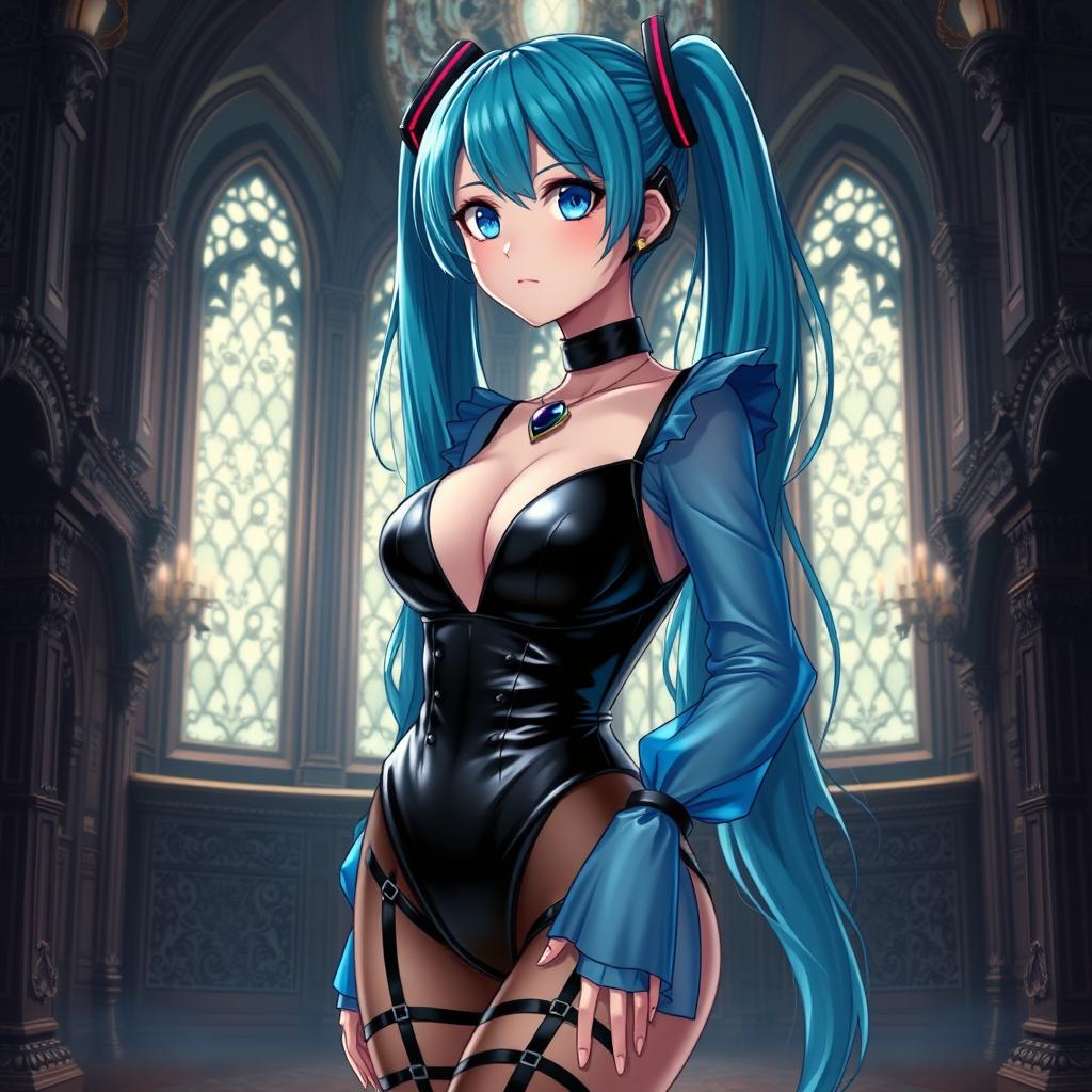 A captivating depiction of Miku, showcasing her large bust in a revealing latex Miku-styled gothic outfit that tastefully reveals skin