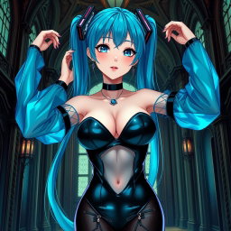 A captivating depiction of Miku, showcasing her large bust in a revealing latex Miku-styled gothic outfit that tastefully reveals skin