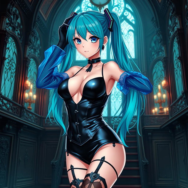 A captivating depiction of Miku, showcasing her large bust in a revealing latex Miku-styled gothic outfit that tastefully reveals skin