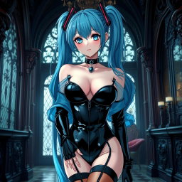A captivating depiction of Miku, showcasing her large bust in a revealing latex Miku-styled gothic outfit that tastefully reveals skin