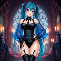 An alluring portrayal of Miku, accentuating her large bust in a revealing latex Miku-styled gothic outfit that tastefully reveals skin