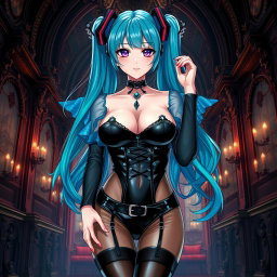 An alluring portrayal of Miku, accentuating her large bust in a revealing latex Miku-styled gothic outfit that tastefully reveals skin