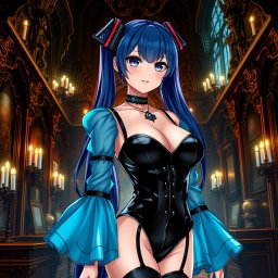 An alluring portrayal of Miku, accentuating her large bust in a revealing latex Miku-styled gothic outfit that tastefully reveals skin