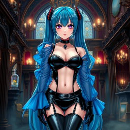 An alluring portrayal of Miku, accentuating her large bust in a revealing latex Miku-styled gothic outfit that tastefully reveals skin