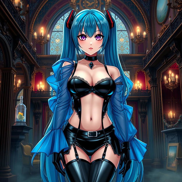 An alluring portrayal of Miku, accentuating her large bust in a revealing latex Miku-styled gothic outfit that tastefully reveals skin