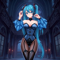 A striking illustration of Miku, emphasizing her large bust in a revealing latex Miku-styled gothic outfit that artfully showcases skin