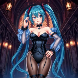 A striking illustration of Miku, emphasizing her large bust in a revealing latex Miku-styled gothic outfit that artfully showcases skin