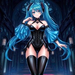 A striking illustration of Miku, emphasizing her large bust in a revealing latex Miku-styled gothic outfit that artfully showcases skin
