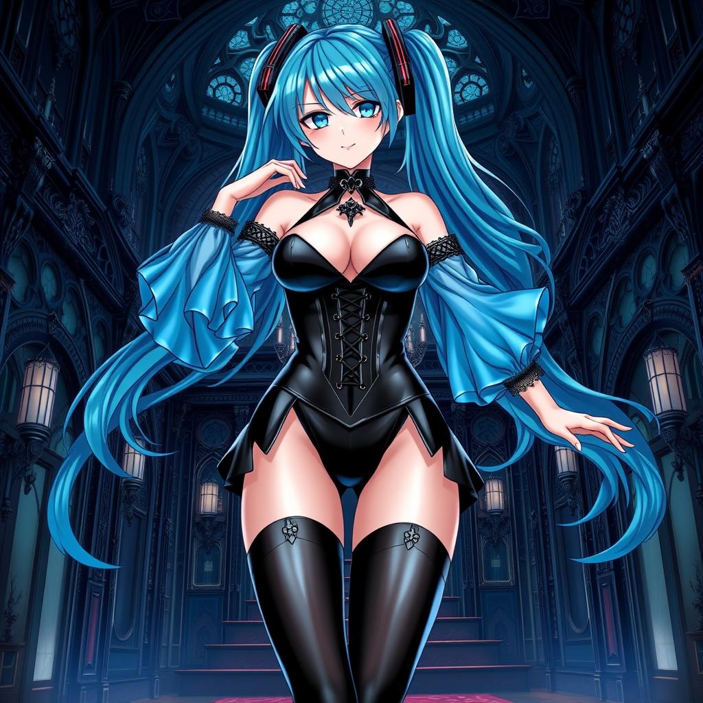 A striking illustration of Miku, emphasizing her large bust in a revealing latex Miku-styled gothic outfit that artfully showcases skin