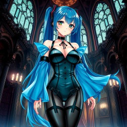 A striking illustration of Miku, emphasizing her large bust in a revealing latex Miku-styled gothic outfit that artfully showcases skin