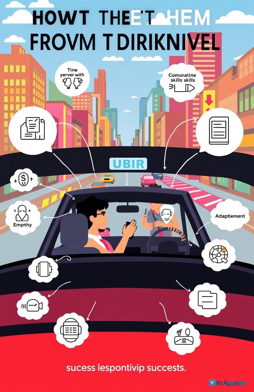 A graphic representation depicting the insights gained from driving for Uber, showcasing various psychological aspects and success lessons