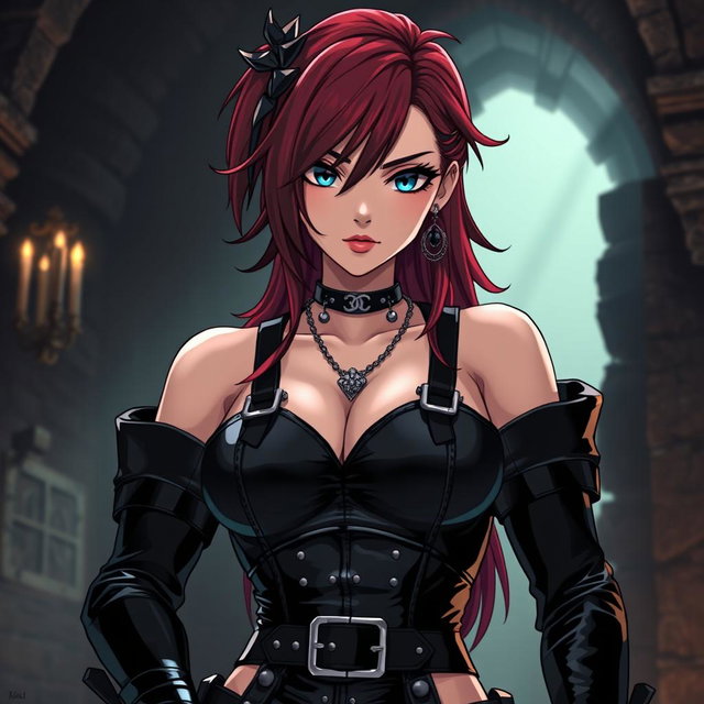 An anime-inspired scene featuring a confident dominatrix clad in glossy black latex, exuding an aura of strength and allure