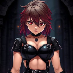 An anime-inspired scene featuring a confident dominatrix clad in glossy black latex, exuding an aura of strength and allure
