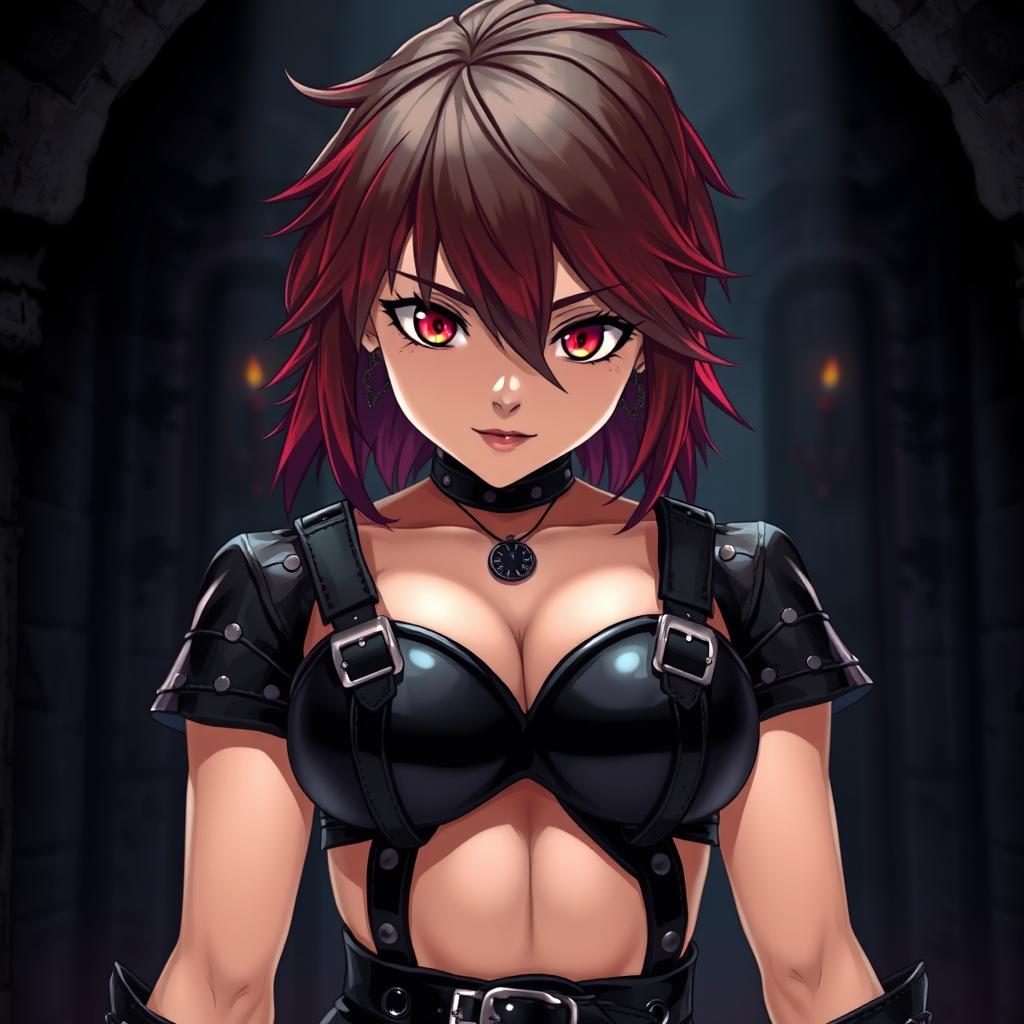 An anime-inspired scene featuring a confident dominatrix clad in glossy black latex, exuding an aura of strength and allure