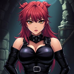 An anime-inspired scene featuring a confident dominatrix clad in glossy black latex, exuding an aura of strength and allure