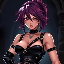 An anime-inspired scene featuring a confident dominatrix clad in glossy black latex, exuding an aura of strength and allure
