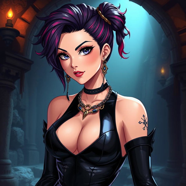 An anime-inspired illustration of a captivating dominatrix dressed in sleek black latex, showcasing an assertive and sensual demeanor