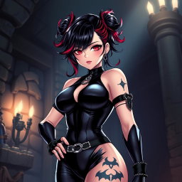 An anime-inspired illustration of a captivating dominatrix dressed in sleek black latex, showcasing an assertive and sensual demeanor