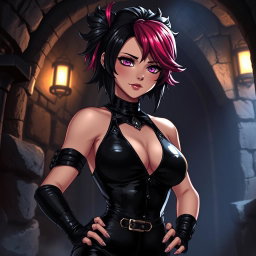 An anime-inspired illustration of a captivating dominatrix dressed in sleek black latex, showcasing an assertive and sensual demeanor