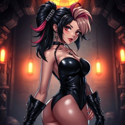 An anime-inspired illustration of a captivating dominatrix dressed in sleek black latex, showcasing an assertive and sensual demeanor