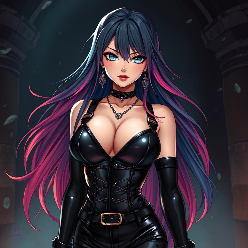 An anime-inspired illustration of a striking dominatrix with long, flowing hair, adorned in sleek black latex