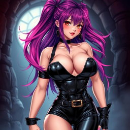 An anime-inspired illustration of a striking dominatrix with long, flowing hair, adorned in sleek black latex