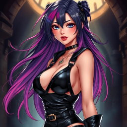 An anime-inspired illustration of a striking dominatrix with long, flowing hair, adorned in sleek black latex