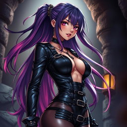 An anime-inspired illustration of a striking dominatrix with long, flowing hair, adorned in sleek black latex