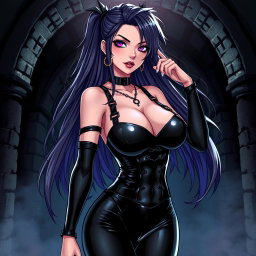 An anime-inspired illustration of a striking dominatrix with long, flowing hair, styled dramatically, and adorned with gothic makeup that emphasizes her bold features