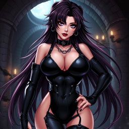 An anime-inspired illustration of a striking dominatrix with long, flowing hair, styled dramatically, and adorned with gothic makeup that emphasizes her bold features
