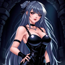 An anime-inspired illustration of a striking dominatrix with long, flowing hair, styled dramatically, and adorned with gothic makeup that emphasizes her bold features