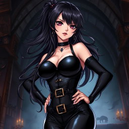 An anime-inspired illustration of a striking dominatrix with long, flowing hair styled dramatically, and adorned with gothic makeup that enhances her bold features