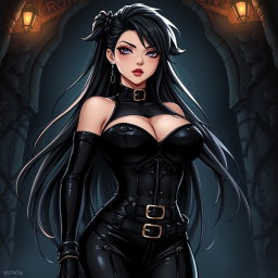 An anime-inspired illustration of a striking dominatrix with long, flowing hair styled dramatically, and adorned with gothic makeup that enhances her bold features