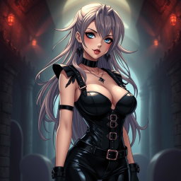 An anime-inspired illustration of a striking dominatrix with long, flowing hair styled dramatically, and adorned with gothic makeup that enhances her bold features