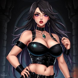 An anime-inspired illustration of a striking dominatrix with long, flowing hair styled dramatically, and adorned with gothic makeup that enhances her bold features