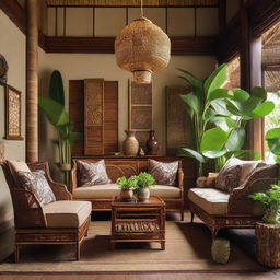 A traditional Javanese living room loaded with handcrafted bamboo and rattan furniture from Java craft. The room boasts a warm, earthy ambiance, embellished with Batik patterns, wooden accents, and adorned with lush indoor plants, creating a classic yet cozy atmosphere.